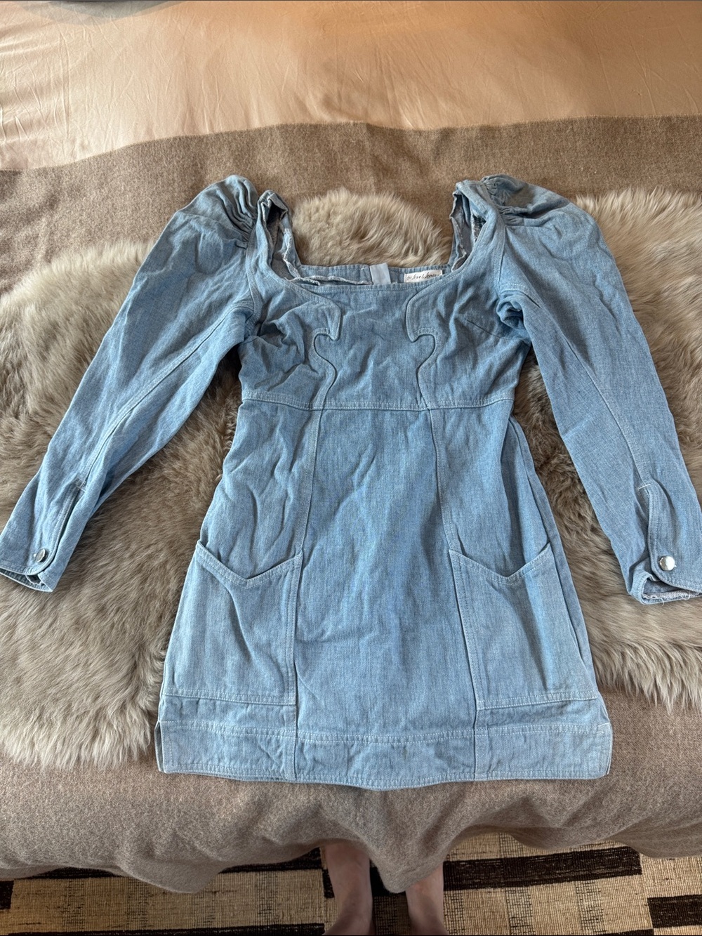 For Love & Lemons Light Blue Denim Square-Neck Mini Tunic
